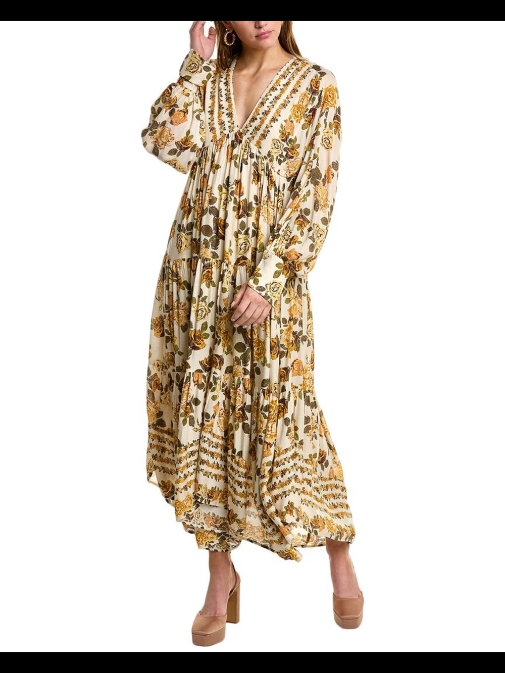 Free People Cream Maxi Dress with Mustard Floral Print